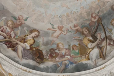 Engel, musizierende Engel und Putten, Detail des Paradieses mit ewigem Vater (Detail)