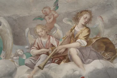 Engel, musizierende Engel und Putten, Detail des Paradieses mit ewigem Vater (Detail)