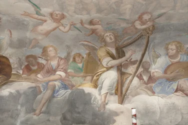 Engel, musizierende Engel und Putten, Detail des Paradieses mit ewigem Vater (Detail)