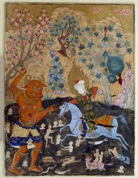 Islamische Kunst: Seite einer Falnama: Iman Reza kämpft gegen einen Div