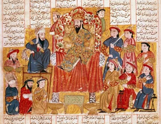Islamische Kunst: „Ein Sultan und sein Hof“ Persische Miniatur aus einem Manuskript des Epos „Shahnameh“ (Buch der Könige) von Ferdowsi (ca. 940-1020)