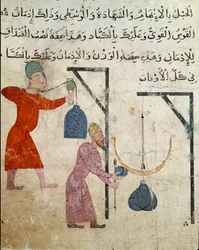 Islamische Kunst: Zeichnung auf Pergament aus der Zeit der Fatimiden (10.-11. Jahrhundert) - Wiegen von Lebensmitteln - Malerei auf Papyrus - Kairo, Museum für Islamische Kunst