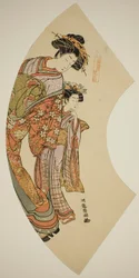 Die Kurtisane Hanaogi vom Ogiya und ihre Begleiterin, aus der Serie "Fächer des Ostens"