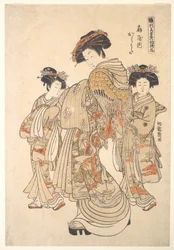 Die Kurtisane Karauta aus dem Bordell Ōgiya, aus der Serie „Ein Musterbuch der ersten Entwürfe des Jahres, frisch wie Frühlingskräuter“ („Hinagata wakana no hatsu moyō“)