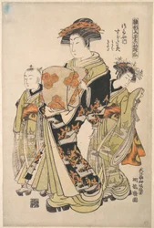 Die Kurtisane Sugatami aus dem Tsuruya-Bordell, aus der Serie „Ein Musterbuch der ersten Entwürfe des Jahres, frisch wie Frühlingskräuter“