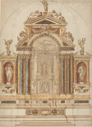 Ein aufwendiger Altar aus farbigem Marmor, verziert mit Skulpturen