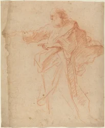 Stehender bärtiger Mann, der nach links zeigt