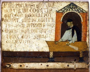 Ein Camerlingual, der die Steuerzahlung darstellt. Biccherna (Umschlag des Rechnungsregisters der Stadt Siena) von 1270. Nationalarchiv - Museo delle Tavolette de Biccherna, Siena