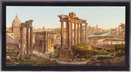 Ein römischer Mikromosaik-Tischplatte mit Figuren vor den Tempeln von Castor und Pollux im Forum Romanum