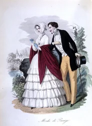 Eine galante Szene: ein elegantes Paar modischer Pariser. 1848 (Gravur)