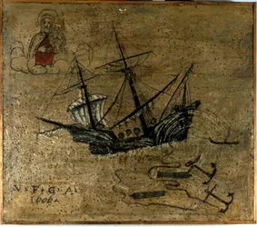 Eine Galeone wirft Anker und zwei Kanonen, um sich während eines Sturms zu befreien. Ex Voto von 1610 aus der Kirche der Madonna dell