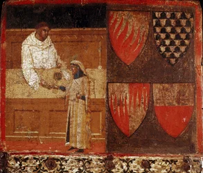 Ein Steuereinnehmer und ein Steuerzahler. Anonymes Gemälde auf Holz zur Verzierung einer Biccherna, des Einbands des Rechnungsregisters der Stadt Siena, von 1340. Staatsarchiv - Museo delle Tavolette di Biccherna, Siena.