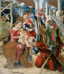 Anbetung der Heiligen Drei Könige. Tafel, Teil des demontierten Retabels der Kirche Santa Maria degli Angeli in Bortigali, Sardinien