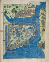 Arundel 93 fol.155 Karte von Konstantinopel und Pera, aus 
