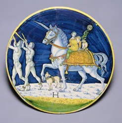 C.86-1927 Schale mit Darstellung von Caesars Pferd aus dem Triumph des Caesar, zugeschrieben Jacopo di Pietro, Italienisch, aus Caffaggiolo
