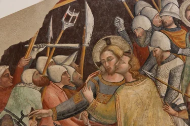 Gefangennahme Christi, von Meister der rechten Apsis von St. Franziskus in Montefalco, abgelöster Fresko, Ende des 14. Jahrhunderts