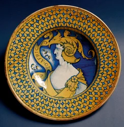 Keramikplatte, dekoriert mit der Darstellung von Scipio Africanus (185-129 v. Chr.), hergestellt in Deruta, Italien. Um 1520