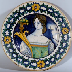 Keramikteller von Deruta mit einem Porträt einer Frau. Um 1510