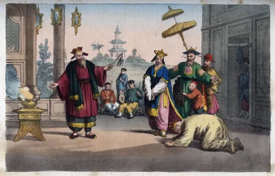 China - Eine Theateraufführung unter freiem Himmel - Stich aus „Usi e costumi di tutti i popoli dell