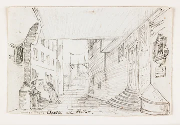 Stadtstraße in Genua, mit dem Leuchtturm und Hafen im Hintergrund, frühes 19. Jahrhundert