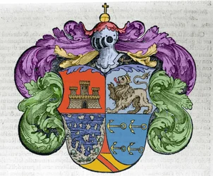 Wappen des Seefahrers Christoph Kolumbus (1451-1506): Die vier Teile des Schildes repräsentieren oben die Stadt Kastilien und León, unten die entdeckten Inseln und die Ankersymbole der Admiralität. Gravur aus dem Buch „Navigationi and Viaggi“