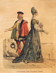 Kostümentwurf für einen Knappen des Dogen und eine Dame, aus 