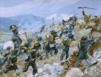 Krimkrieg und die Schlacht von Chernaya, 16. August 1855, Illustration aus einem Album zur Geschichte des Risorgimento für die Schokolade Talmone, späte 19. Jahrhundert