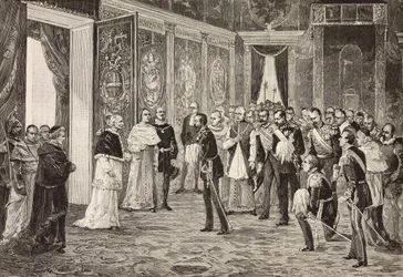 Kronprinz von Deutschland (zukünftiger Friedrich III.) wird von Papst Leo XIII. im Thronsaal des Vatikans empfangen, Gravur nach einer Zeichnung von Ximenes nach einer Skizze von Dal Don