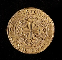 Währung der Republik Genua: 20 Gold-Doppie. Durchmesser 58 mm. 1645. Vorderseite. Genes Musei di Strada Nuova (inv. M7097)