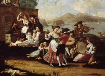 Tanzszene und Volksfest in Neapel. Tarantella-Tänzer (Tarantella, Tarantella). Anonymes Gemälde. 18. Jahrhundert, Neapel, Museo Nazionale di San Martino