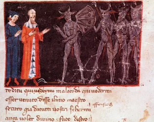 Dante und Vergil sprechen mit Malacoda, dem Anführer der Malebranche-Scharen (21. Gesang der Hölle in der Göttlichen Komödie)