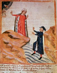 Dante trifft Mathelda am Ufer des Lethe (Gesang 28 des Fegefeuers, in der Göttlichen Komödie)
