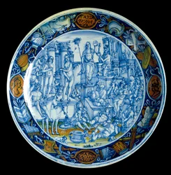 Verzierter Teller mit einer Darstellung der Allegorie der Selene, der Mondgöttin der griechischen Mythologie. Aus Faenza, um 150. Florenz, Museo Nazionale del Bargello