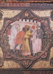Detail eines Cassone, das die Geschichte von Saladin und Torello von Istrien zeigt, von Giovanni Boccaccio