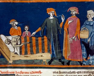 Ärzte am Bett eines Kranken, Miniatur der Florentiner Schule aus einer erweiterten Ausgabe des „Pater noster“ von Ser Zucchero Bencivenni (MS.II.VI 16), Anfang des 14. Jahrhunderts, Florenz, Nationalbibliothek
