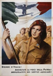 Frauen Italiens hört die Stimme des Vaterlandes! Meldet euch zu den Hilfsdiensten!, Propagandaposter, Italien, 20. Jahrhundert