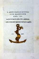 Frontispiz von „Naturalium Questionum Libri VII“ oder „Naturfragen Buch VII“ von Seneca dem Philosophen oder Lucius Annaeus Seneca (2 v. Chr. - 65 n. Chr.), gedruckt 1503 von Aldo Manuzio (Alde Manonce) (1450 - 1515), venezianischer Gelehrter und Drucker