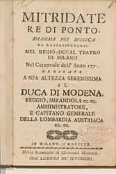 Frontispiz aus einer frühen Kopie von Mitridate, re di Ponte, einer Oper von Wolfgang Amadeus Mozart, 1770