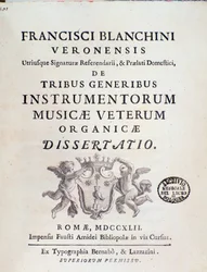 Frontispiz von „de Tribus Generibus Instrumentorum Musicae Veterum“ Werk über alte Musikinstrumente von Francesco Bianchini