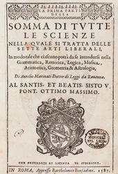 Frontispiz aus Somma di tutte le scienze, Essay über die freien Künste, von Aurelio Marinati