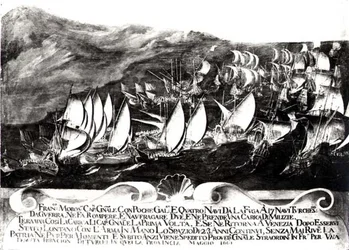 General Francisco Morosini (1618-94) und die venezianische Flotte in einer Begegnung mit der türkischen Flotte vor der Küste Kretas, Mai 1661