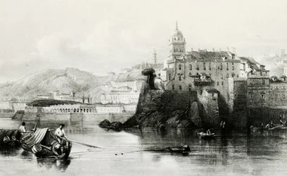 Genua Marina Mauer mit Villa Doria Pamphili im Hintergrund, Gravur, ca. 1850, Italien