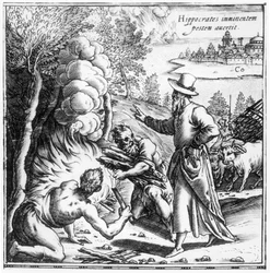 Hippokrates (ca. 460-ca. 377 v. Chr.) erklärt die Bedeutung der Ansteckung bei der Pestepidemie, Titelblatt aus Hippocratis Opera Quae Extant, veröffentlicht in Venedig, 1588