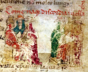 Wie die Zwietracht in der Kirche von Rom entstand: das Schisma zwischen 1378 und 1417. Manuskript aus dem 14. Jahrhundert in den „Croniche del Sercambi“. Staatsarchiv, Lucca.