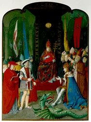 König Heinrich VIII. im Streit mit Kaiser Karl V. vor Papst Leo X. Heinrich hält eine Rolle, die die Bulle von 1521 sein könnte, die ihm den Titel 
