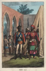 Die Sepoys, Armee aus Indern im Dienst der Ostindien-Kompanie - Indischer Sepoy (Soldat) - Gravur aus 