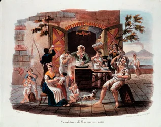 Kleines neapolitanisches Gewerbe: ein Verkäufer gekochter Maccheroni. In der Ferne der Vesuv an der Bucht von Neapel. Lithografie des 19. Jahrhunderts. Museo Nazionale delle Paste Alimentari, Fondazione Agnesi, Rom