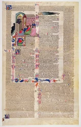 Marlay Cutting IT.11: Blatt mit Miniatur aus Gratians Decretum, das einen Mönch zeigt, der einer Gemeinde von Männern und Frauen predigt