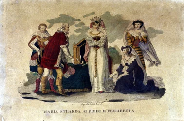 Maria Stuart zu Füßen von Elisabeth I., in der Oper Maria Stuarda von Gaetano Donizetti, 1810
