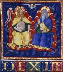 Meister der Vitae Imperatorum: Die Dreifaltigkeit, Miniatur aus einem illuminierten Chorbuch auf Pergament, um 1440